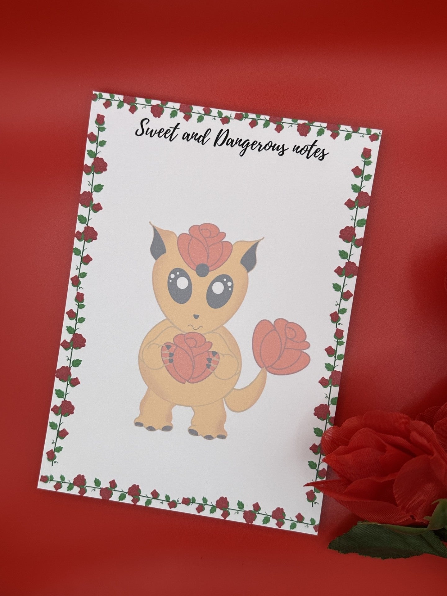 Notepad with a cute fictional creature design that is orange and has a rose on its head and a tail. The orange creature is holding a red rose and has big black eyes and black ears. The notepad has roses all around the four corners of the notepad and has a notepad heading of "Sweet and Dangerous Notes". The notepad is sitting on a red background with a rose.