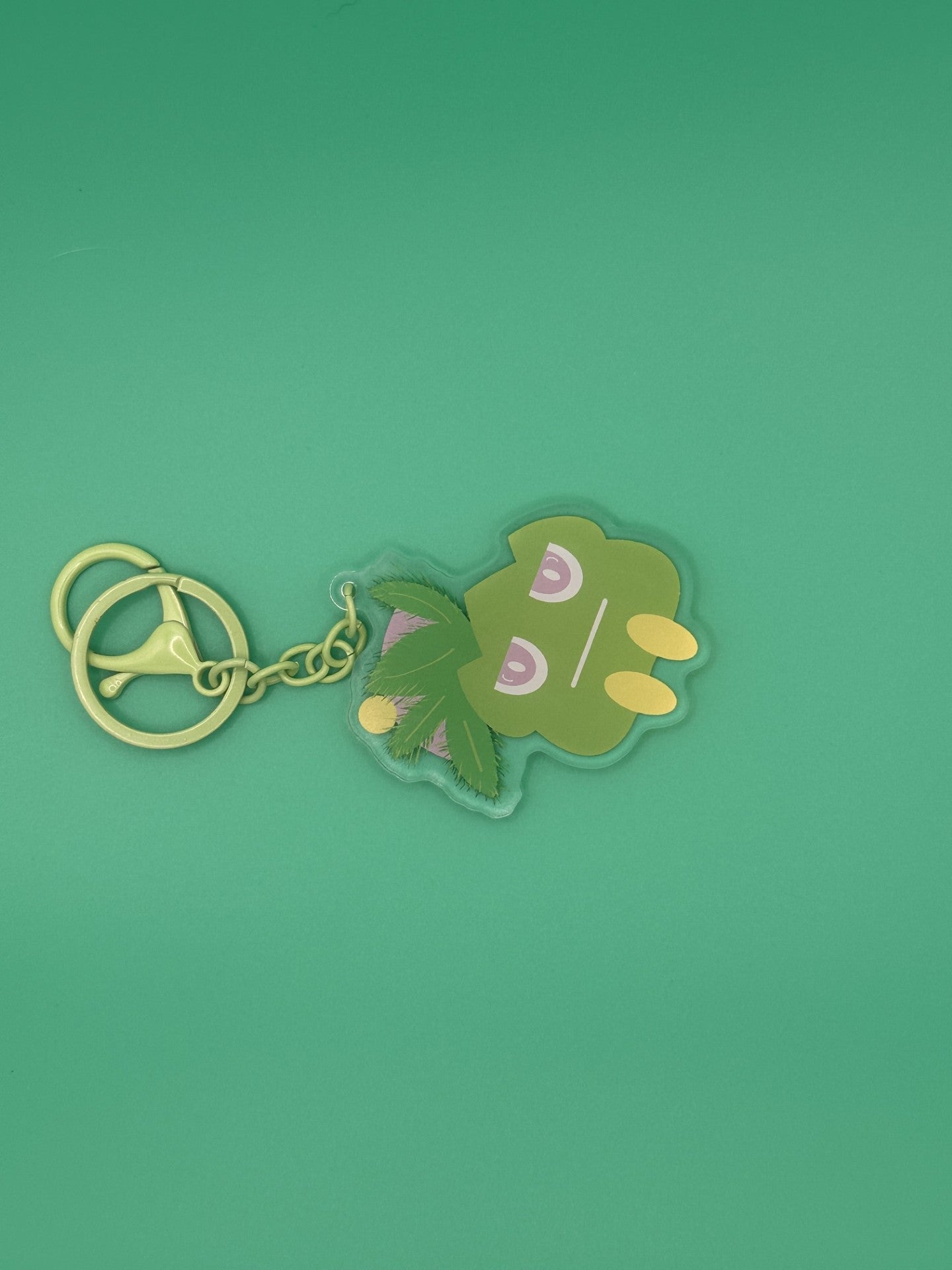 Green cartoon character keychain on a green background. The character has green leaves coming from it with yellow and purple on top of the green leaves. The character has a serious face with purple and white eyes. The keychains has a green keyring. 