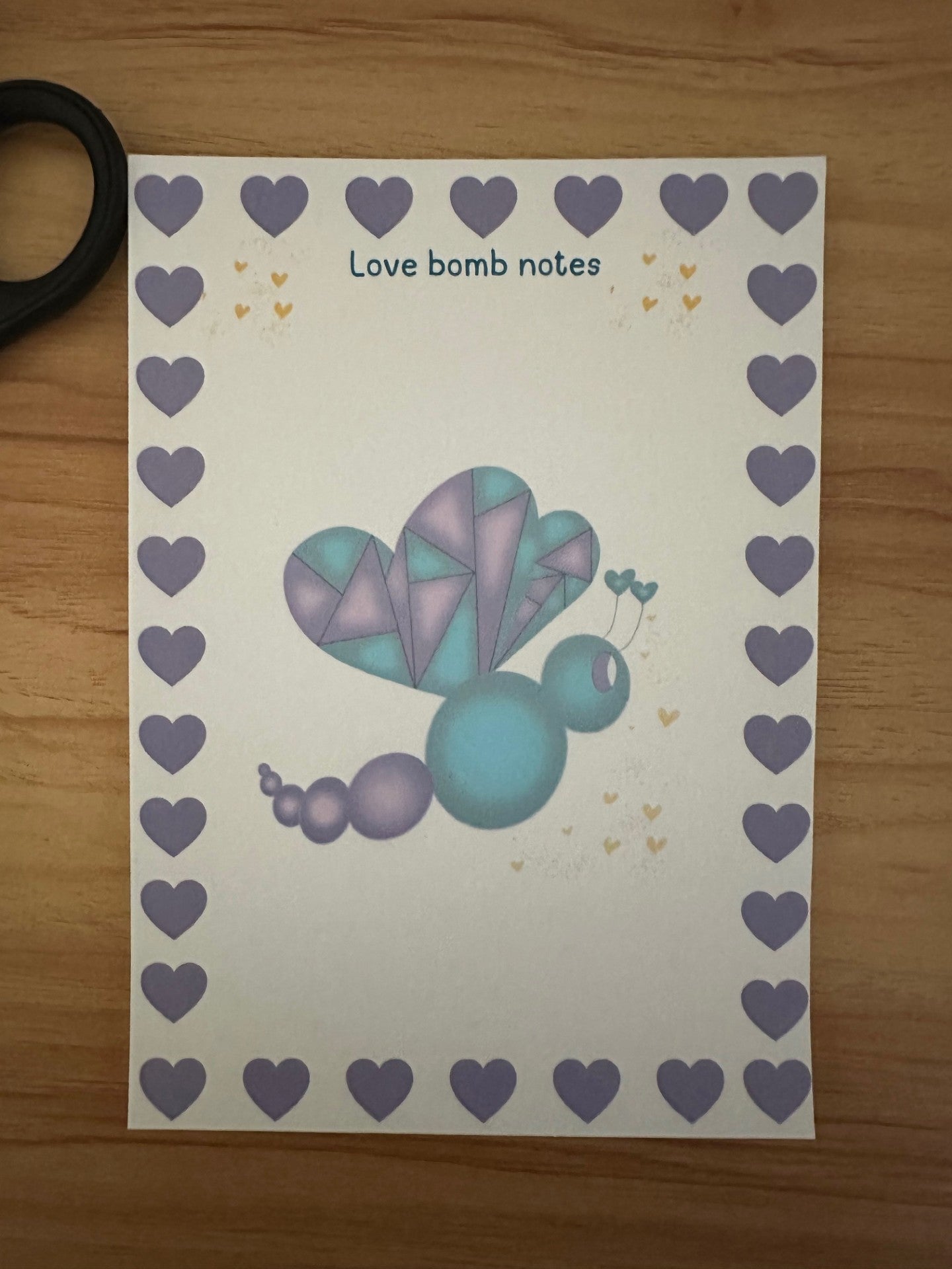 Notepad titled "Love Bomb Notes" features the character Love Mist, which has a purple and deep green color with yellow hearts falling from it.